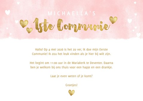 Uitnodiging eerste communie met waterverf en gouden hartjes 3
