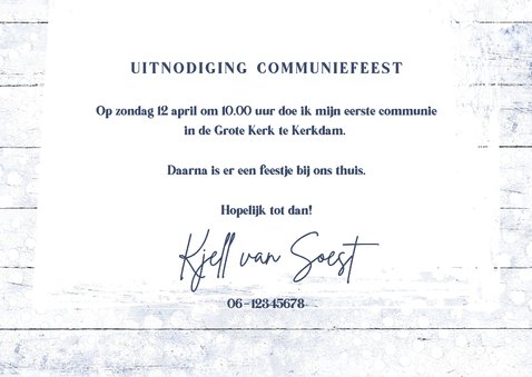 Uitnodiging Eerste Communie wegwijzer blauw met foto 3