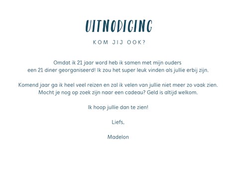 Uitnodiging etentje 21 diner met eigen foto 3