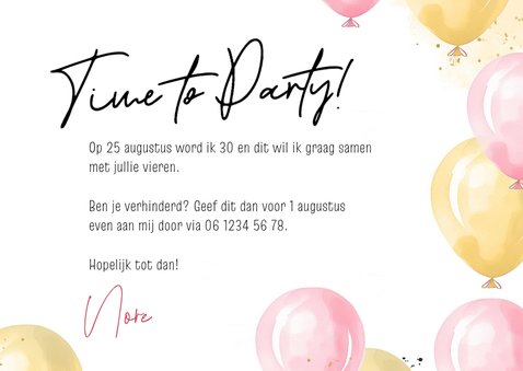 Uitnodiging feest roze gouden ballonnen foto time to party 3