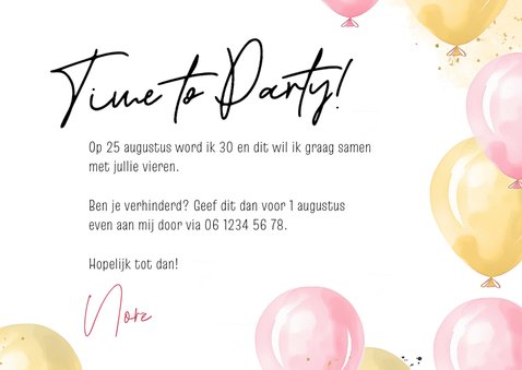 Uitnodiging feest roze gouden ballonnen foto time to party 3