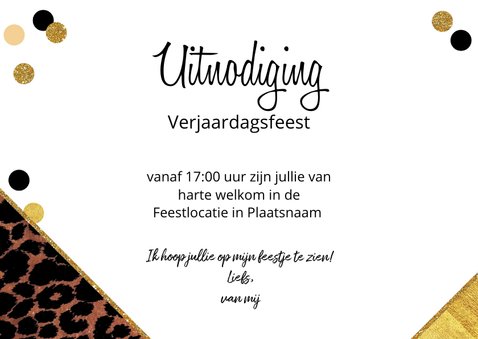 Uitnodiging feestelijke kaart met panterprint en confetti 3