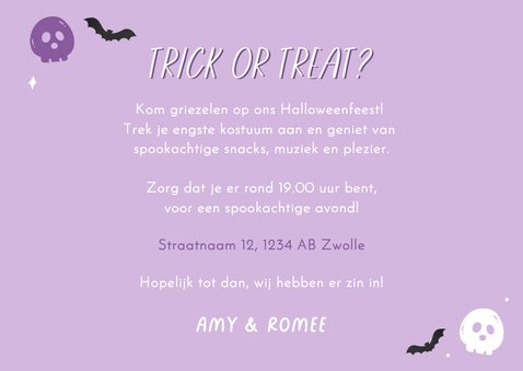 Uitnodiging feestje Halloween paars pompoenen vleermuizen 3
