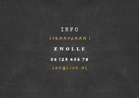 Uitnodiging 'feestje' krijtbord met 2 foto's 2