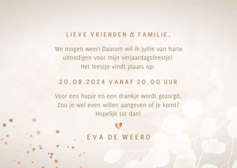 Uitnodiging feestje met eucalyptus hartjes koperlook 3