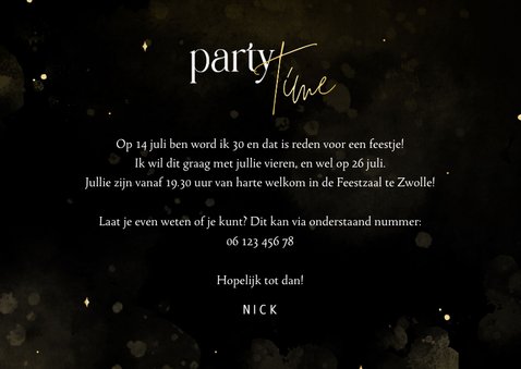 Uitnodiging feestje partytime zwart en goud 3