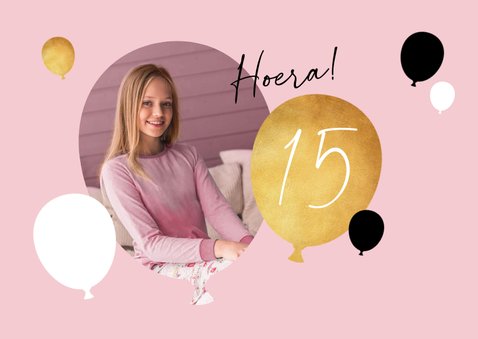 Uitnodiging feestje verjaardag fotokaart ballonnen goud roze 2