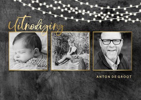 Uitnodiging fotcollage stoer beton met lampjes en goud 2