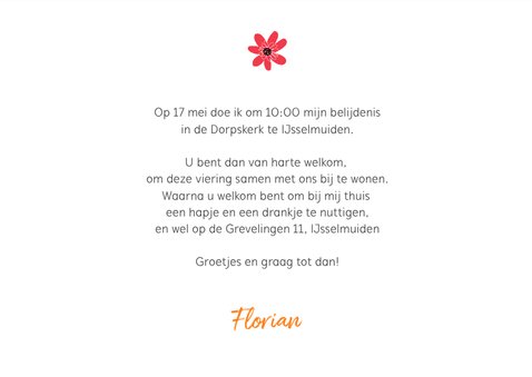 Uitnodiging geloofsbelijdenis met foto's, bloemen en vogels 3