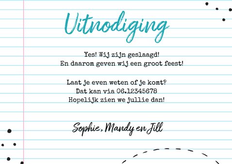 Uitnodiging geslaagd examenfeest schrift doodle 3