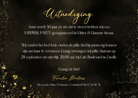 Uitnodiging Glitter & Glamour party goud typografisch 3
