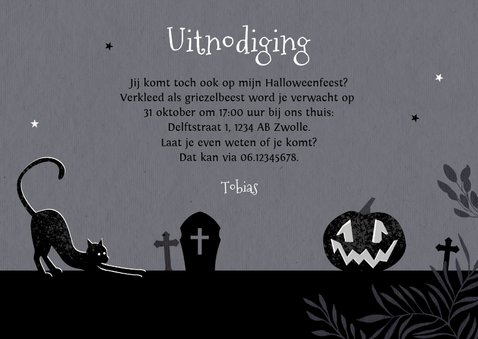 Uitnodiging halloweenfeest spooktocht donker pompoen kat 3