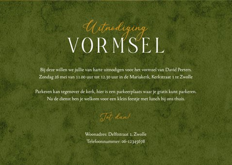 Uitnodiging heilig vormsel waterverf goud groen fotocollage 3