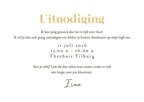 Uitnodiging high tea klassiek bloemen goud hartjes 3