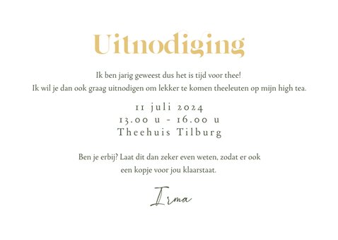 Uitnodiging high tea klassiek bloemen goud hartjes 3