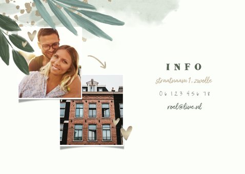 Uitnodiging housewarming botanisch met gouden hartjes 2