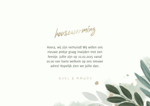 Uitnodiging housewarming botanisch met gouden hartjes 3