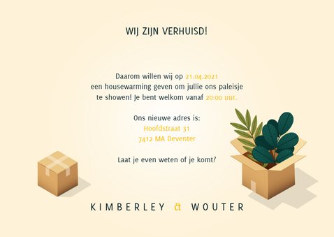 Uitnodiging Housewarming met verhuisdozen, planten en kat 3