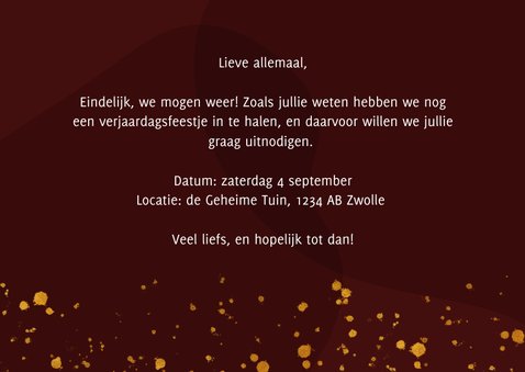 Uitnodiging inhaalfeestje met gouden spetters 3