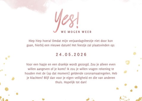 Uitnodiging inhaalfeestje roze waterverf en gouden spetters 3