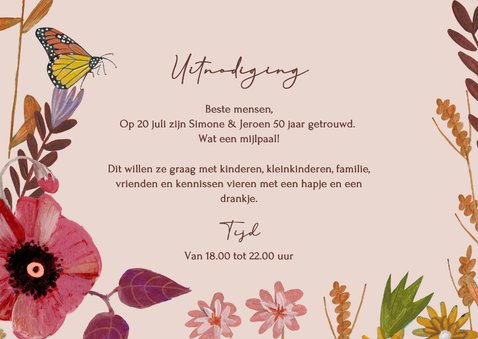 Uitnodiging jubileum bloemen, vogel en vlinder 3