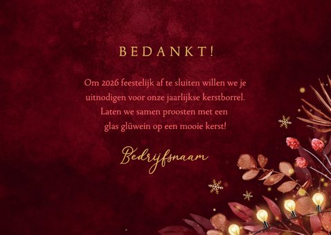 Uitnodiging kerstborrel lampjes takjes sneeuwvlokken rood 3