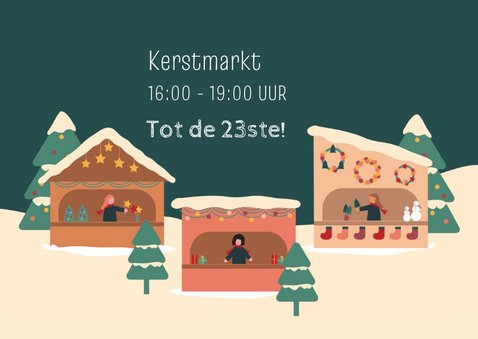 Uitnodiging kerstmarkt met kraampjes en kerstbomen 3