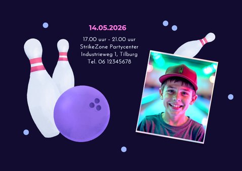 Uitnodiging kinderfeestje bowling party foto feestje 2