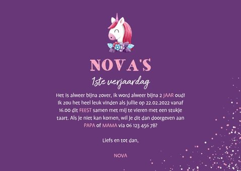 Uitnodiging kinderfeestje grote foto met unicorn en confetti 3