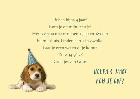 Uitnodiging kinderfeestje hondje met feesthoed 3