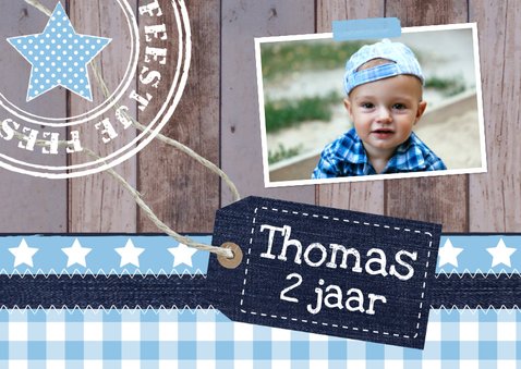 Uitnodiging kinderfeestje jongen label hout blauw 2