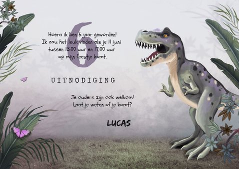 Uitnodiging kinderfeestje jongen t-rex dino jungle 3
