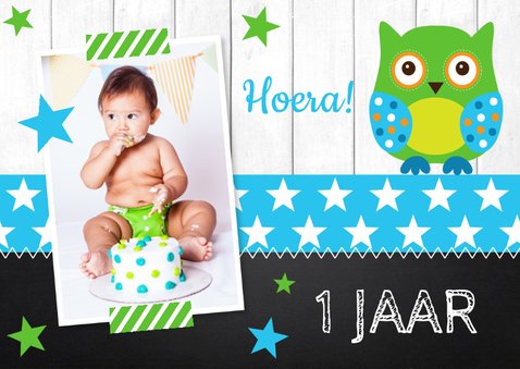 Uitnodiging kinderfeestje jongen uiltje sterren krijtbord 2