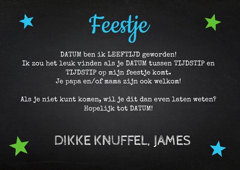 Uitnodiging kinderfeestje jongen uiltje sterren krijtbord 3