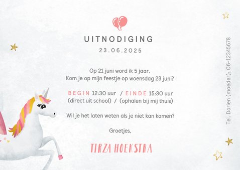 Uitnodiging kinderfeestje meisje met eenhoorn en regenboog 3