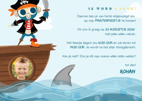 Uitnodiging kinderfeestje met piraten aap, papegaai en haai 3