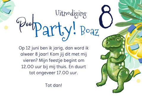 Uitnodiging kinderfeestje 'Pool Party' tropisch dino foto 3