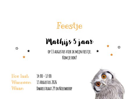 Uitnodiging - Kinderfeestje - Uiltje oranje ogen 3