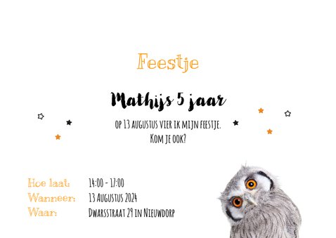 Uitnodiging - Kinderfeestje - Uiltje oranje ogen 3