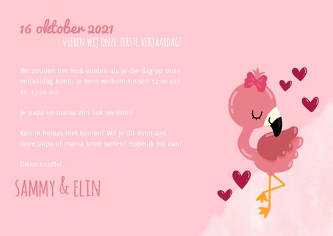 Uitnodiging kinderfeestje voor een tweeling met flamingo 3