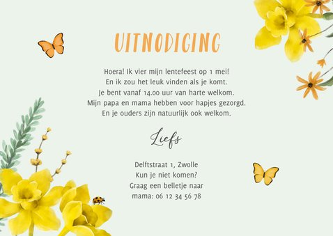 Uitnodiging lentefeest lente bloemen narcissen vlinders 3