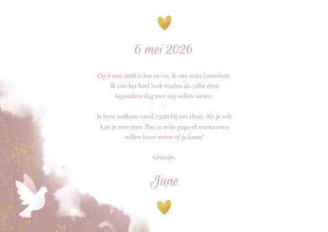 Uitnodiging Lentefeest met duif waterverf en gouden spetters 3