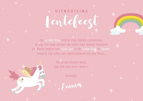 Uitnodiging lentefeest met eenhoorns, regenbogen en foto's 3