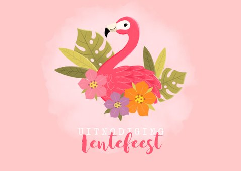 Uitnodiging lentefeest met flamingo, bloemen en foto 2