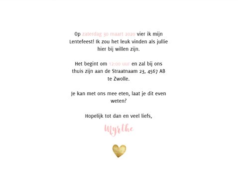 Uitnodiging lentefeest roze waterverf gouden hartjes en foto 3