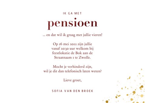 Uitnodiging met pensioen in waterverf met goud spetters 3