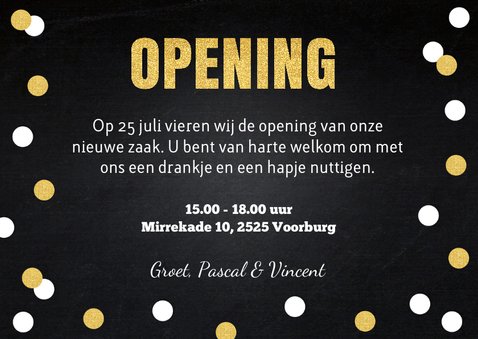 Uitnodiging opening confetti goud 3