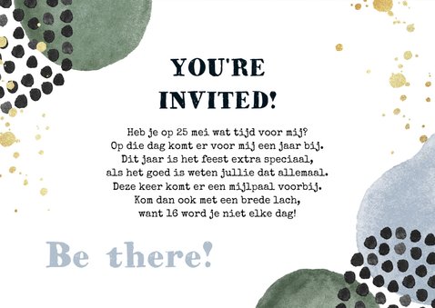 Uitnodiging 'Party!' 16e verjaardag watercolour goud foto 3