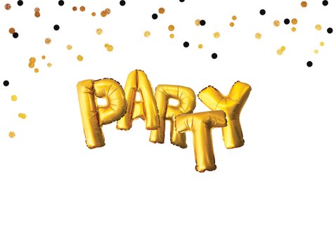 Uitnodiging party goud ballonnen confetti 2