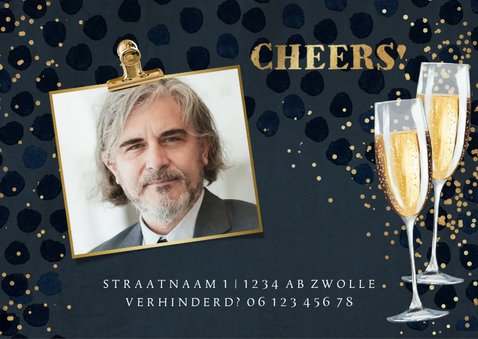 Uitnodiging 'Pensioen Borrel' champagneglazen en goudlook 2